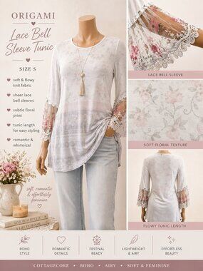 Origami Lace Bell Sleeve Tunic Ivory Floral Mesh Sleeve Top Size S